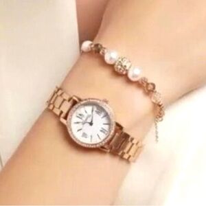 Rose Gold Watch & Handmade Bracelet Set New Battery Bundle Gift